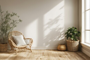 Soft light fills an empty room with a light gray wall and natural wood flooring, showcasing a cozy corner with plants and a rattan chair