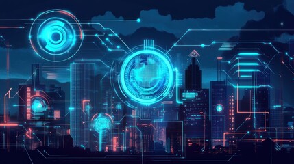 Futuristic cityscape with glowing digital interfaces and global network connections.