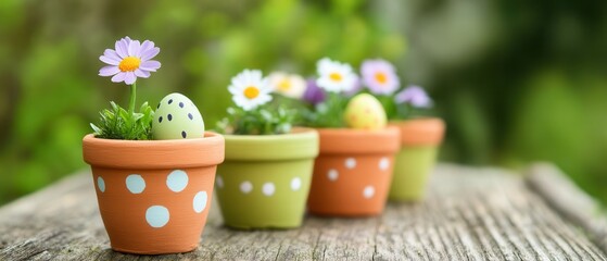 Three colorful flower pots and a decorative painted egg are arranged elegantly on a wooden table, creating a cheerful and vibrant atmosphere.
