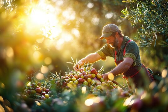 Olive hand picking organic harvest. A farmer harvests fruit under a golden sunset in an orchard.