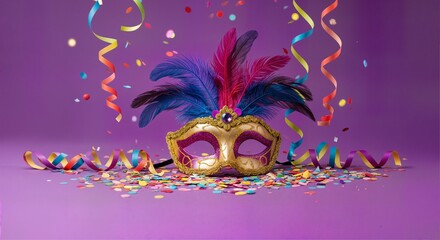 Fototapeta premium Colorful Carnival Mask Background with Festive Confetti