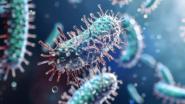 "Vibrant Microscopic View of Bacteria with Colorful Structures and Sparkling Details in a Science Laboratory Setting"