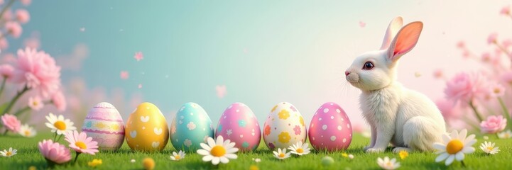 Colorful Easter eggs and bunny illustration on pastel background, pattern, rabbit