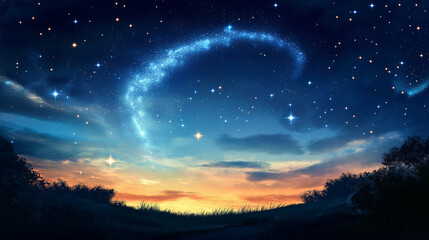 Fototapeta premium The night blue sky glows with countless stars, shimmering galaxies, and cosmic wonders stretching into infinity.