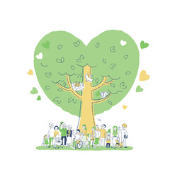 大きなハートの木と人々