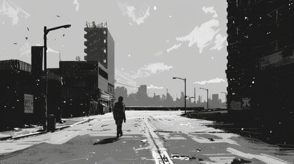 A lone figure walks through an abandoned, dystopian cityscape in a black and white digital painting. The high-contrast style enhances the eerie and desolate atmosphere. AI generated.
