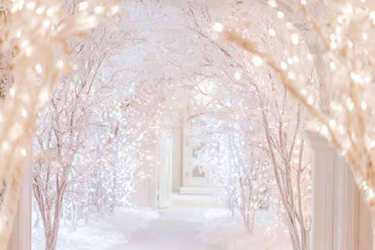 Enchanting winter wonderland with snow laden trees and twinkling lights creating a magical pathway
