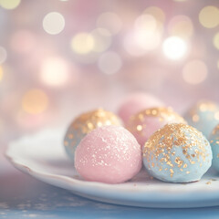 Obraz premium Close-up of handcrafted truffles with gold dust on pastel plate