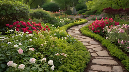 Landscaping of garden stone in a spring park with trees and path with curly roses