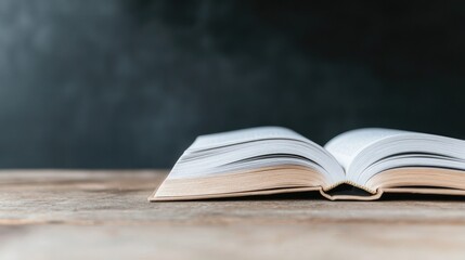 Open book on wooden table, dark background, learning concept, education