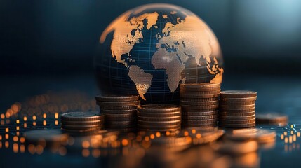 Digital concept showing diversified funds with stacks of coins placed on continents across a glowing globe