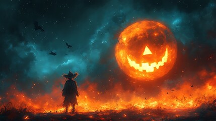 A lonely scarecrow standing beneath a glowing pumpkin moon with crows flying in the night sky
