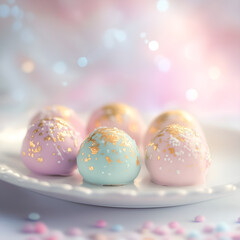 Obraz premium Close-up of handcrafted truffles with gold dust on pastel plate