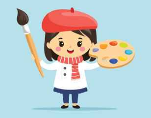 A cute girl cartoon artist with color palette simple flat design vector.