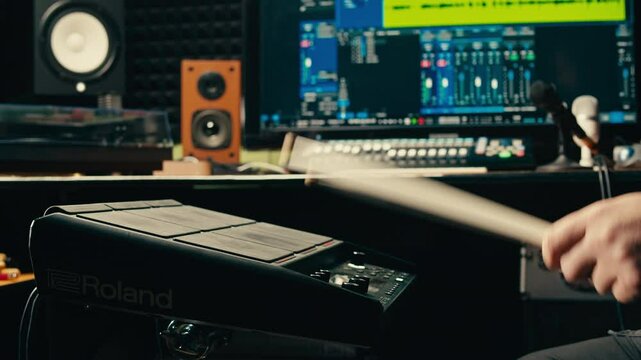 Drummer plays an electronic drum kit in a music studio, recording music with sound engineer in rehearsal room. Lesson of playing percussion drum instruments. Rock music concert.