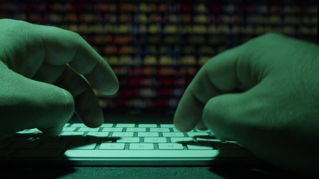 Man work with chat AI online, connecting with AI and using a chatbot. IT engineer software developer programmer interact with chat bot, making writing code. Typing on laptop keyboard close-up. 