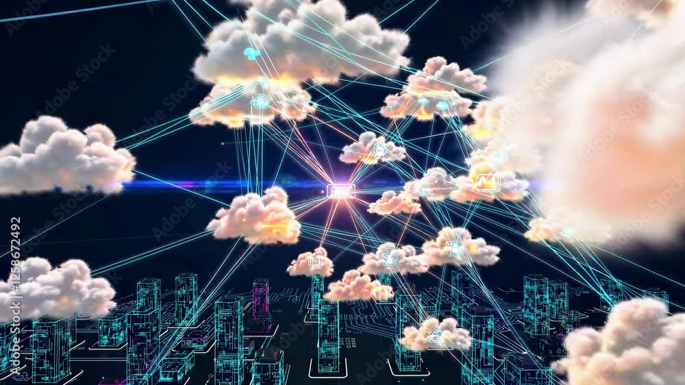 Poster futuristic video concept of cloud computing with a low-angle view. digital clouds connected by neon 