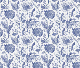 Seamless pattern. Beautiful blooming realistic isolated flowers. Vintage background fabric. Poppy Poppies wildflowers set. Wallpaper baroque. Drawing engraving sketch Vector victorian illustration © Наталья Лобенко