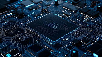 Fototapeta premium Close Up Of Glowing Blue Circuit Board With Central Microchip