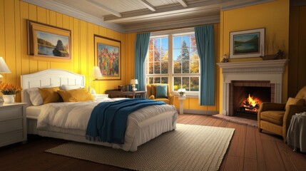 Cozy Autumn Bedroom With Fireplace And Yellow Walls