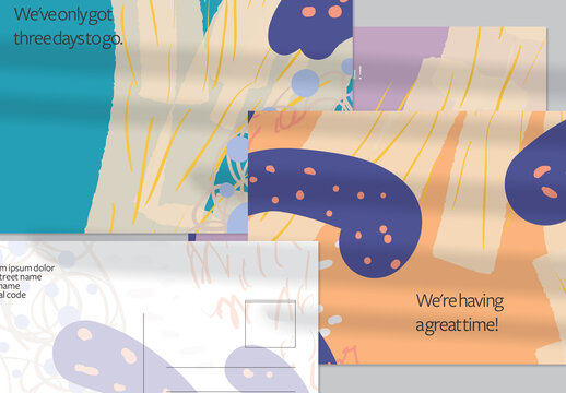 Postcard Layout with Hand Drawn Abstract Brush Strokes and Floral Elements