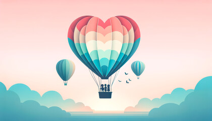 Obraz premium Heart Shaped Hot Air Balloon Floating In Sky At Sunrise, Symbolizing Love And Romance, Perfect For Wedding Invitations, Valentines Day, Travel Agencies, And Inspirational Designs.