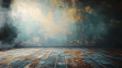 Dark room with wooden floor and vintage gray backdrop realistic photography in low light environment