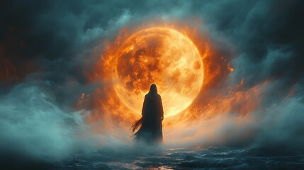 A mysterious hooded figure standing in a swirling mist under a haunting pumpkin moon