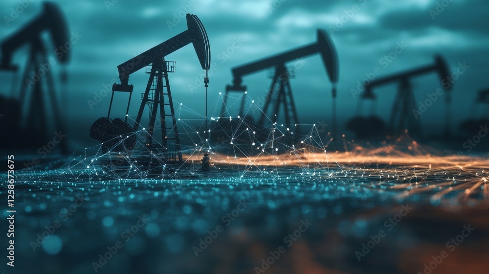 Poster Oil pumps working at night extracting fossil fuel from the ground, with a network connecting them representing the concept of pollution and the effect on the environment