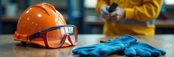 Hard hat, safety glasses, work gloves on table, job, compliance, building