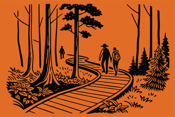 Create a vibrant vector illustration of a scenic forest hiking trail, showcasing a winding wooden path through lush green trees.