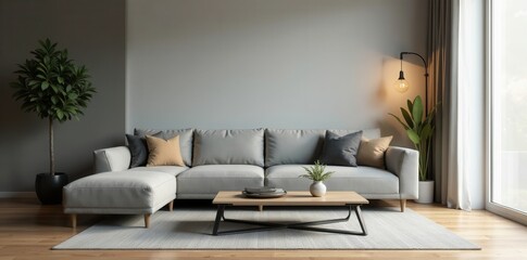 Sleek gray seating, low coffee table, hardwood floors, minimal accents, neutral tones, home