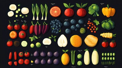 A visually striking and imaginative representation of fruits and vegetables in a flat design style, showcasing a lively and colorful food illustration.