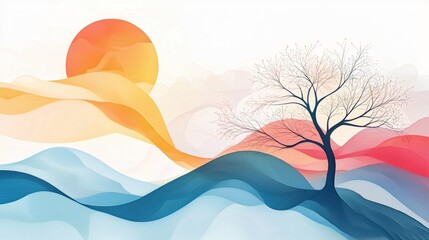 Vibrant Digital Art with Flowing Lines Featuring a Tree and a Rising Sun Over Abstract Hills