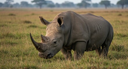 Fototapeta premium A majestic rhinoceros grazes in the African savanna, its thick skin and prominent horns displaying its raw power. The peaceful scene captures the beauty of wildlife in its natural habitat.