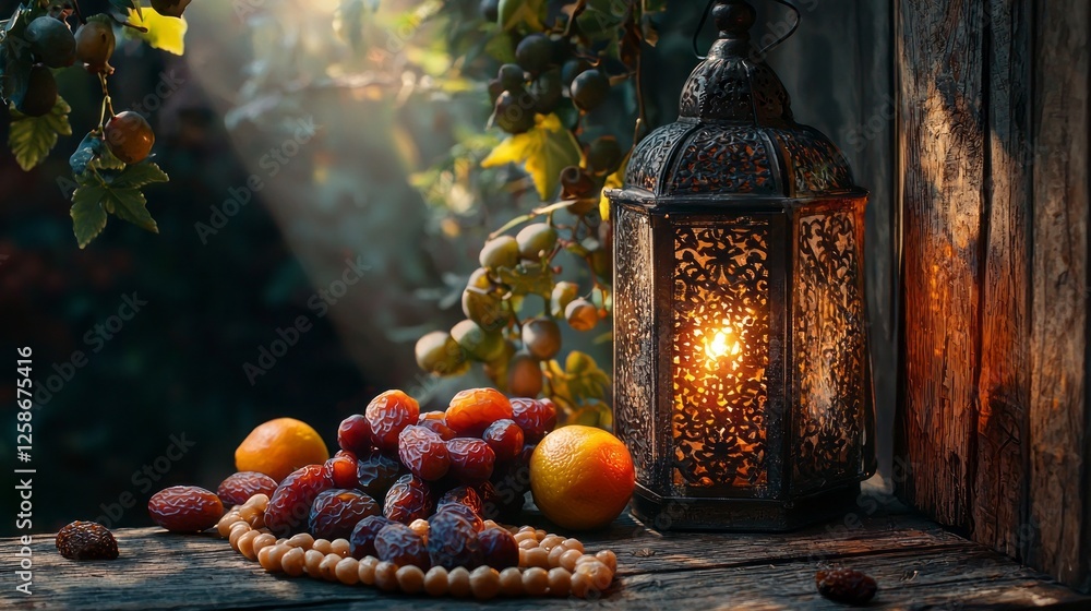 Aufkleber In a serene setting, a beautifully crafted lantern casts a gentle glow over a bountiful display of Lantern Dates and vibrant fruit. The warmth contrasts with the fading light of day