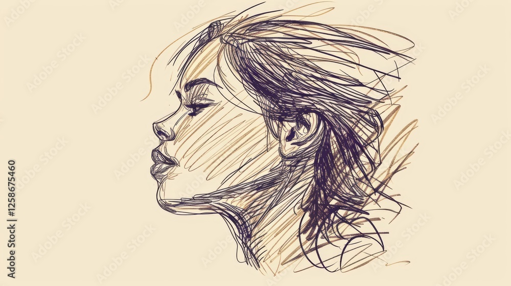 Poster a dynamic sketch-style portrait of a woman in profile, with expressive lines that suggest movement a