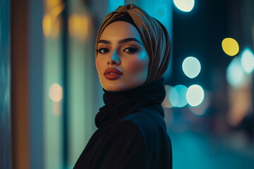 Fashionable model in hijab looking directly at the camera. Modest and chic styling, trendy outfit, beauty, cultural fashion, modern elegance, fashionable hijab, portrait, diversity.
