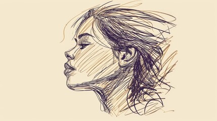 A dynamic sketch-style portrait of a woman in profile, with expressive lines that suggest movement and emotion, blending realism with artistic abstraction. AI generated.