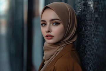 Fototapeta premium Stylish fashion model in hijab staring at the camera. Cultural fashion, modest attire, elegant look, fashionable portrait, beauty, confidence, trendy, diverse beauty, chic styling. 