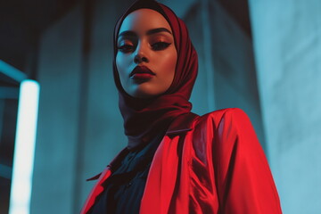 Fashion model wearing a hijab gazing directly at the camera. Modest attire, stylish and chic, beauty, fashion-forward, elegant portrait, cultural fashion, modern woman, fashionable look.
