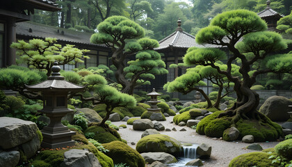 Serene Japanese Garden with Bonsai Trees and Stone Stream