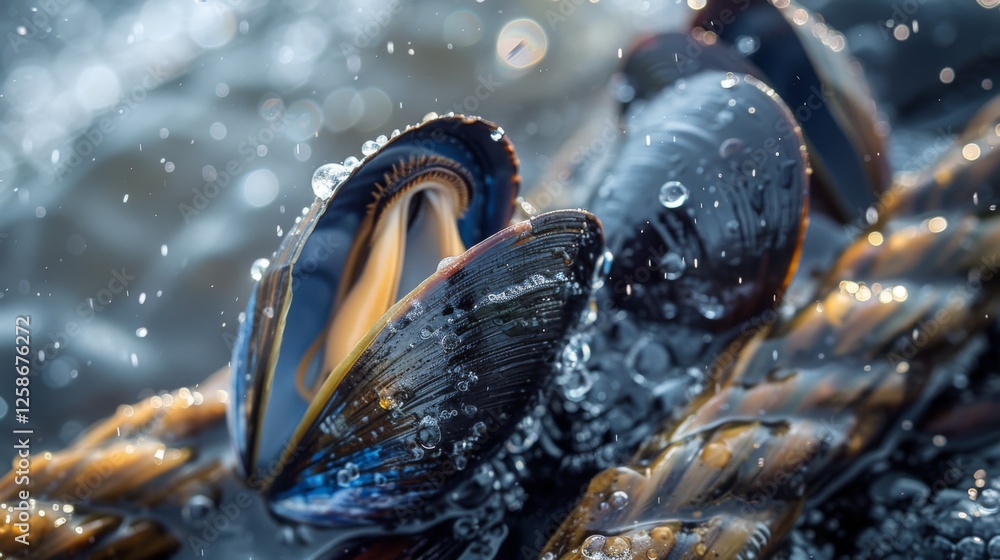 Poster vibrant mussels reveal colorful interiors while resting on a wet rope in shallow water, illuminated 