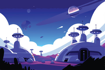 A sprawling, futuristic Mars base with massive docking bays for spacecraft, showcasing advanced technology and habitat modules.