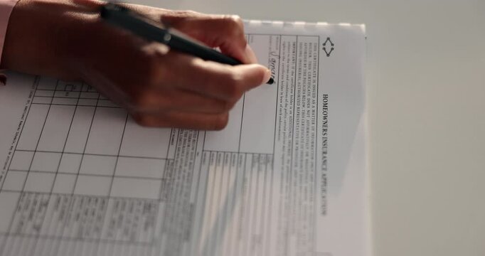 Sign, person or hands of homeowner with contract or document to fill in property sale or house agreement. Real estate, insurance or client with paperwork for legal deal, approval and application form