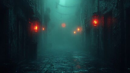 Fototapeta premium A dark foggy alleyway with glowing lanterns and mysterious figures lurking under a spooky moon