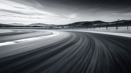 Black and white photo of a race track curving through a mountain landscape.