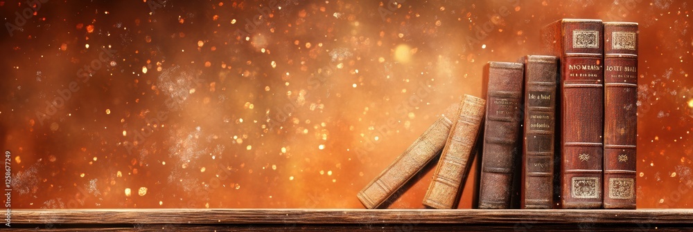 Leinwandbilder stack of vintage books on a rustic wooden shelf against a softly glowing background inviting curiosi