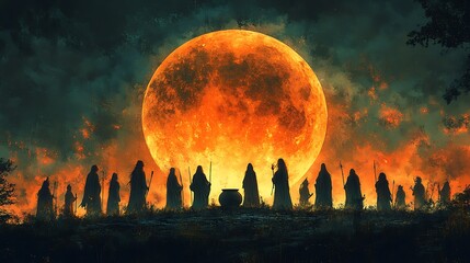 A group of witches gathered around a cauldron casting spells under a glowing orange moon