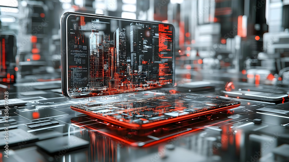 Poster futuristic phone display over circuit board, tech city background, digital interface. possible use f